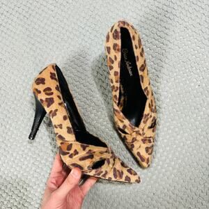 VINTAGE RETRO Y2K CHEETAH LEOPARD PRINT FURRY KITTEN HEELS POINTED TO FUNKY